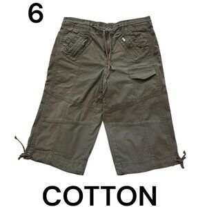 STYLE & CO LONG Cargo Shorts Sz 6 Khaki Green Cotton Spandex Drawstring Waist